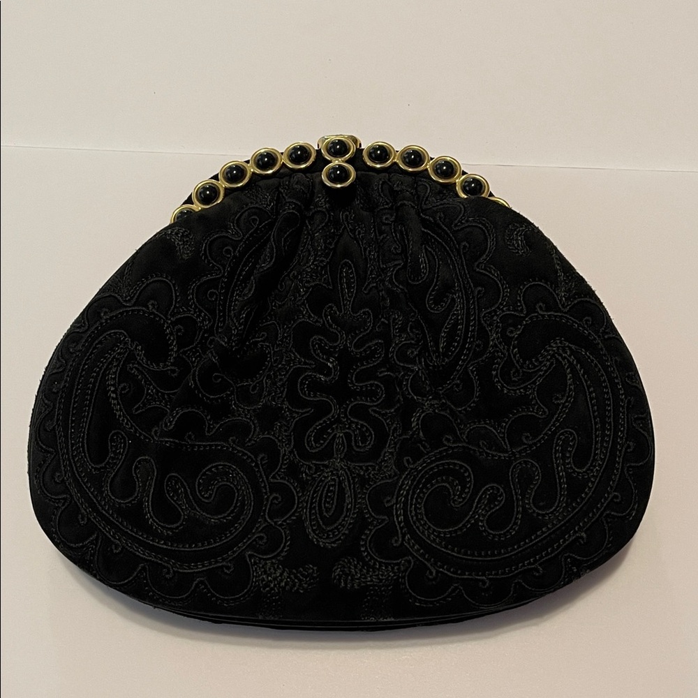 Vintage Judith Leiber Black Suede Embroidered Evening Bag with Gold Hardware - Picture 2 of 7